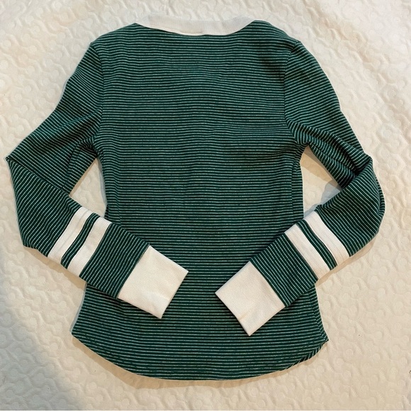 Oak & Trellis Green Henley Stripe Top Womens Medium Forest Biome Stretchy Fitted - Picture 8 of 8